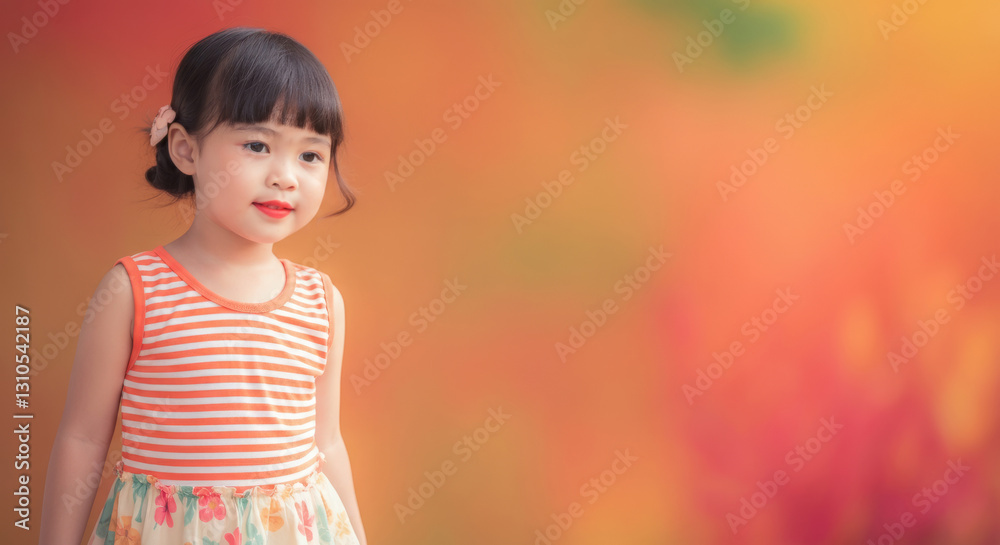 Young asian female child in striped dress against warm colorful background Young asian female child in striped dress against warm colorful background