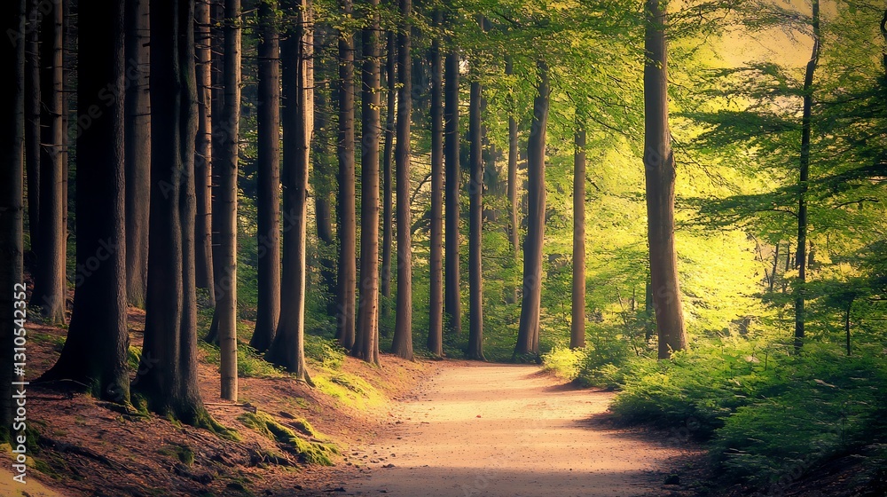 Obraz premium A Scenic Forest Path Leads Through Tall Trees Towards the Light