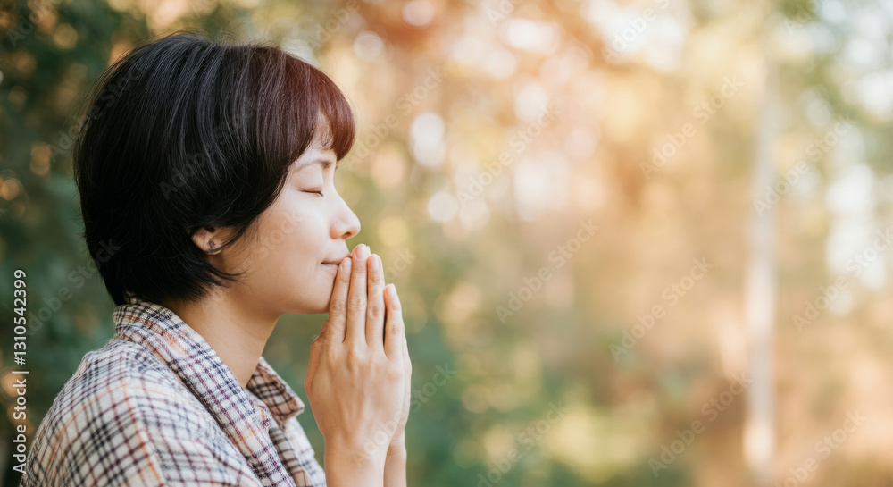 Asian female adult meditating outdoors in nature with sunlight Asian female adult meditating outdoors in nature with sunlight