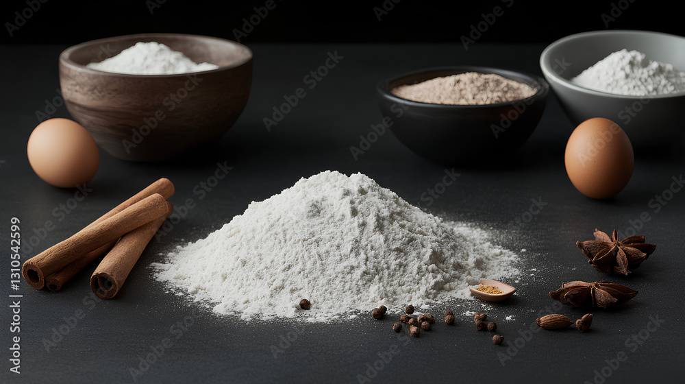 © Jula Isaeva  - pile of flour surrounded by cinnamon sticks, eggs, and baking ingredients on a dark rustic background