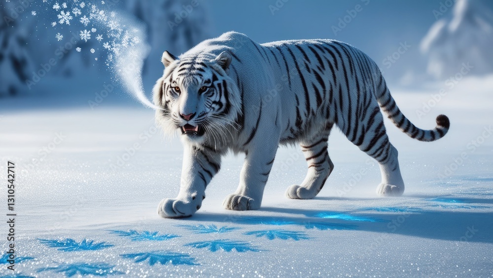 Obraz premium tiger in snow White Tiger with Ice Fur Roaming a Frozen Land, Leaving Glowing Frost with Each Step