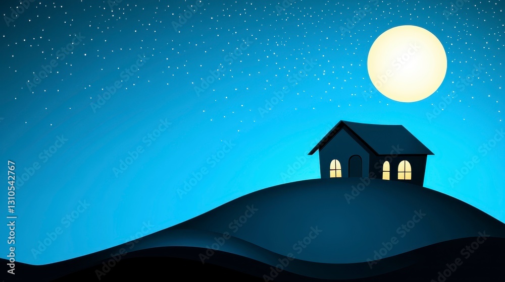 Obraz premium Nighttime Scene with House Under Moonlight and Starry Sky
