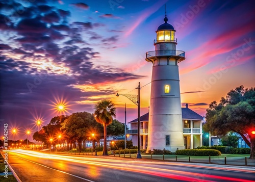 Historic Biloxi Lighthouse, Mississippi - US Highway 90 Landmark with Bokeh Background