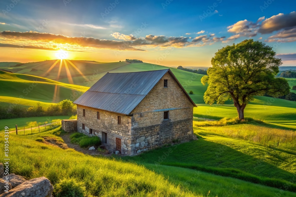 Historic Stone Barn under a Vivid Blue Sky - Rustic Countryside Landscape Historic Stone Barn under a Vivid Blue Sky - Rustic Countryside Landscape
