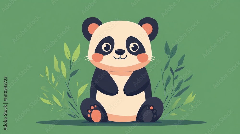 A cute cartoon panda sitting in a green grassy environment