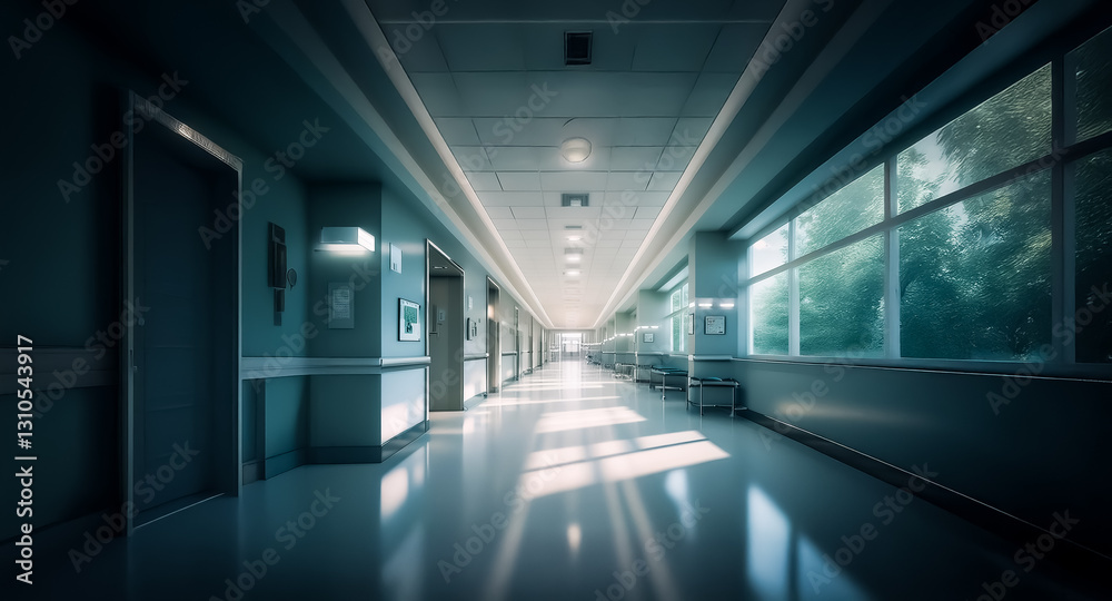 Bright, empty hospital hallway with windows letting in sunlight. Long perspective view down the corridor. Clean and sterile environment. Bright, empty hospital hallway with windows letting in sunlight. Long perspective view down the corridor. Clean and sterile environment.