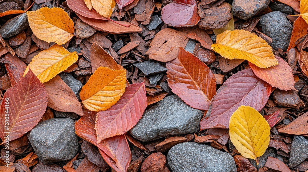 Autumnal leaves, rocks, and wood chips create a textured, colorful ground cover Autumnal leaves, rocks, and wood chips create a textured, colorful ground cover