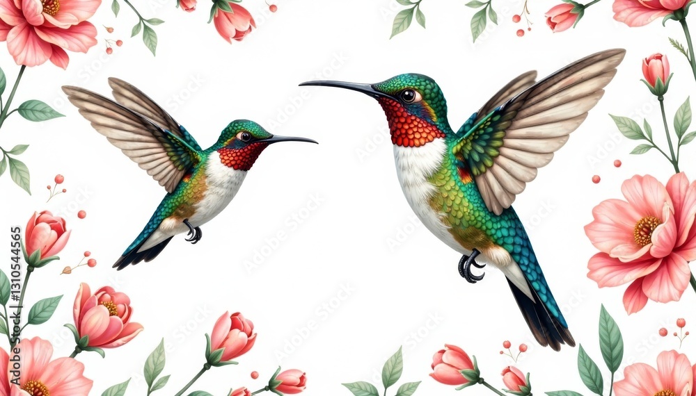 Obraz premium Delicate hummingbird illustration in a seamless repeating floral pattern on white background, floral patterns, repeating patterns