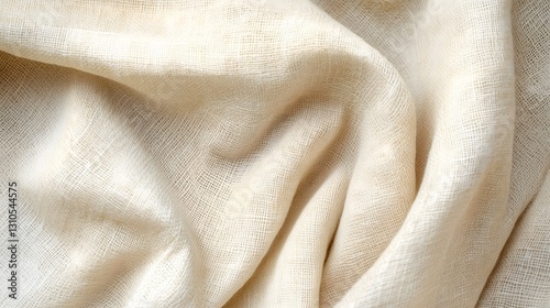 Soft beige linen fabric with natural folds and a subtle texture. The organic and breathable textile creates a warm and elegant aesthetic, perfect for fashion, home decor, and interior design.