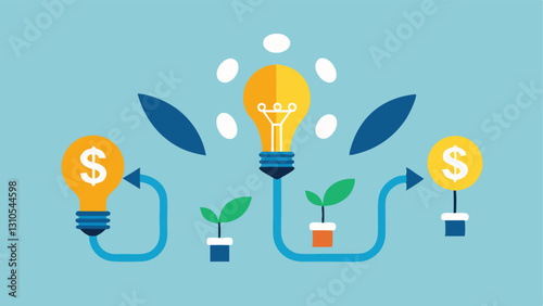 Money Flow Arrows showing money flowing from multiple individual investors to a startup depicted as a lightbulb representing innovation and new ideas.