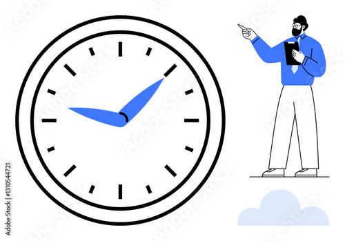 Giant analog clock with blue hands alongside a man holding a clipboard and pointing forward. Ideal for time management, leadership, organization, productivity, strategy, efficiency, planning. Clean