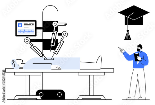 Robotic arms performing surgery on a patient guided by a professor, emphasizing medical education, AI healthcare, and innovation. Ideal for technology, healthcare, training, AI, automation surgery