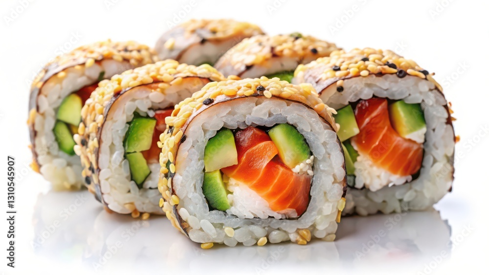 Sushi Rolls with Salmon and Avocado on White Background Sushi Rolls with Salmon and Avocado on White Background