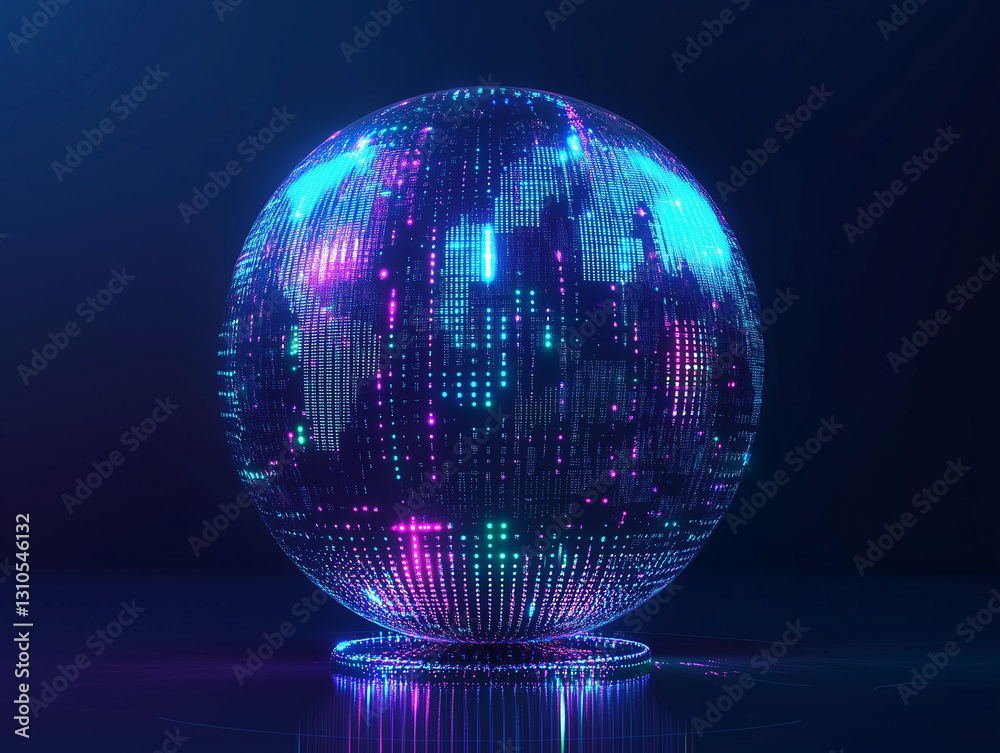 Fototapeta premium 3D neon data sphere isolated on a solid color background