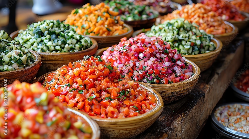 Fototapeta premium A vibrant display of fresh, colorful salsa ingredients in woven bowls.