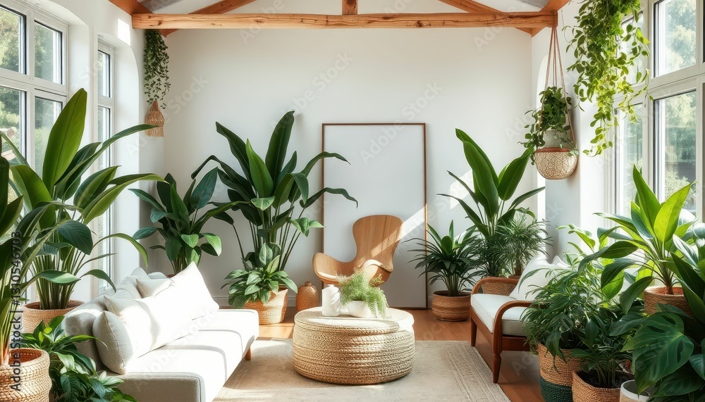 Cozy and Serene Indoor Space with Lush Green Plants and Natural Light Cozy and Serene Indoor Space with Lush Green Plants and Natural Light