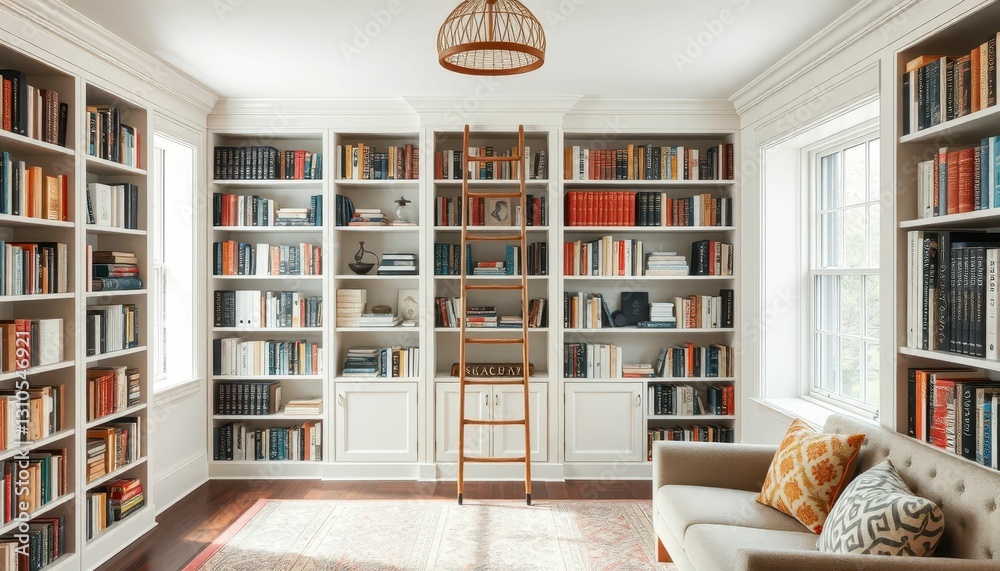 Cozy Reading Room with Bookshelves and Comfortable Sofa Decor