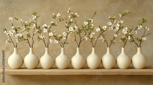 Blossoms Seven round vases on a shelf holding delicate white-flowered branches