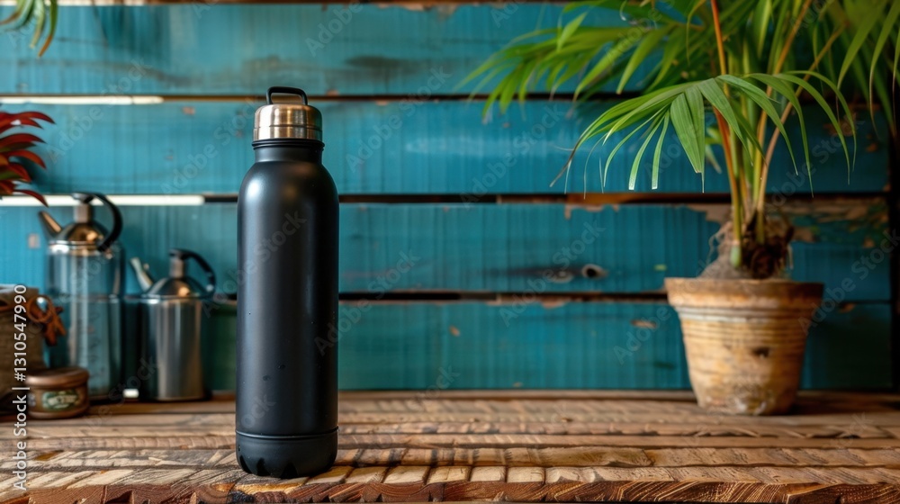 Fototapeta premium Black Thermos: A stylish black thermos made from durable metal or plastic, designed to maintain the temperature of drinks, whether hot or cold, for extended periods. 
