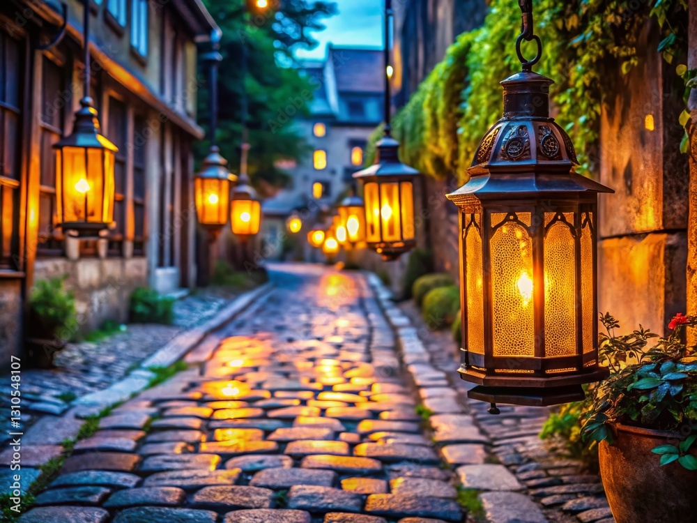 Illuminated Lanterns, Cobblestone Alleyway Dusk - Macro Photography Stock Photo