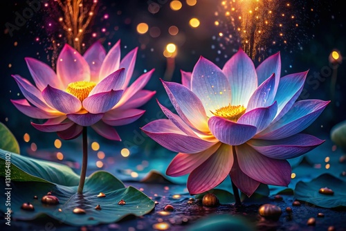 Illuminated Lotus Flowers at Night - Stunning Night Bloom Photography