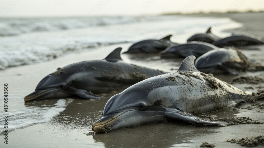 Fototapeta premium Several dead dolphins lie on the sandy shoreline after a mass stranding