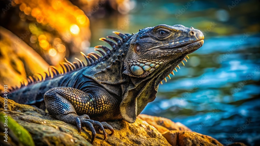 Obraz premium Indonesian Black Iguana Close-Up: Long Exposure Rock Reptile Wildlife