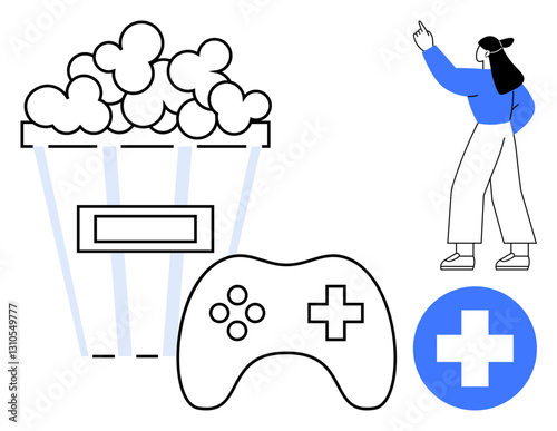 Popcorn bucket, gaming controller, woman in blue pointing upward, and cross-shaped medical sign. Ideal for entertainment, gaming, health, leisure creativity wellness lifestyle. Flat simple