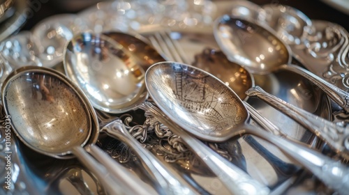 Silverware: Metallic eating utensils made from stainless steel or sterling silver, characterized by a shiny gray appearance and commonly used in formal dining.
