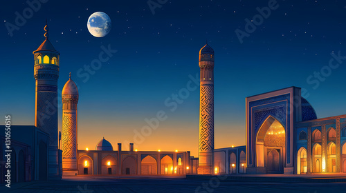 The evening azan echoing from the iconic minaret of kalon in bukhara, with warm lights illuminating the mosque. Echoing - Canyons. Illustration