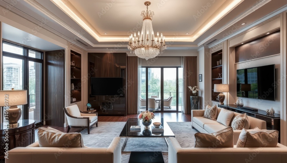 Fototapeta premium Elegant Modern Living Room with Chandelier and Large Windows
