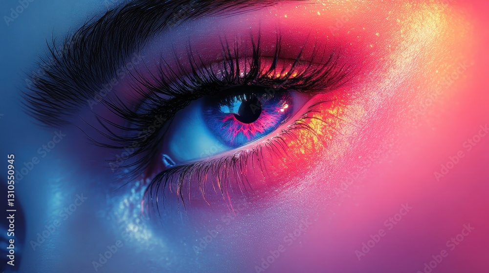 Fototapeta premium Captivating Close-up of a Human Eye with Vivid Multicolored Lighting Highlighting Texture and Detail in Modern Artistic Composition