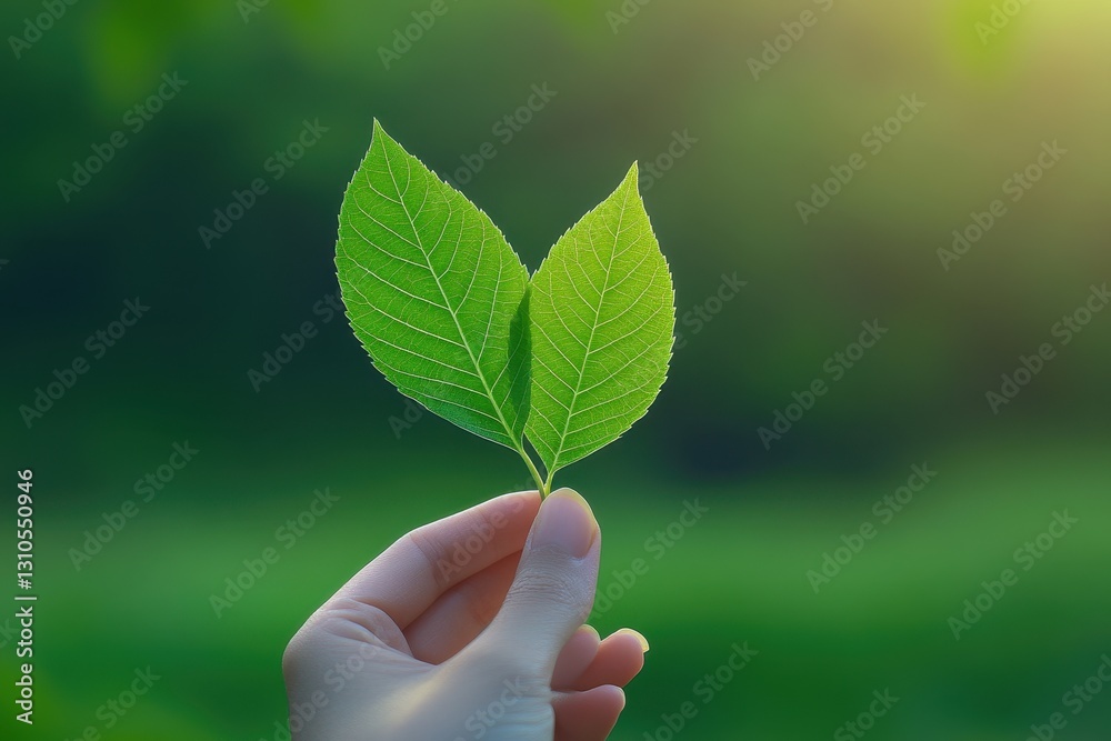 Hand Holding Fresh Green Leaves Against a Natural Background Hand Holding Fresh Green Leaves Against a Natural Background