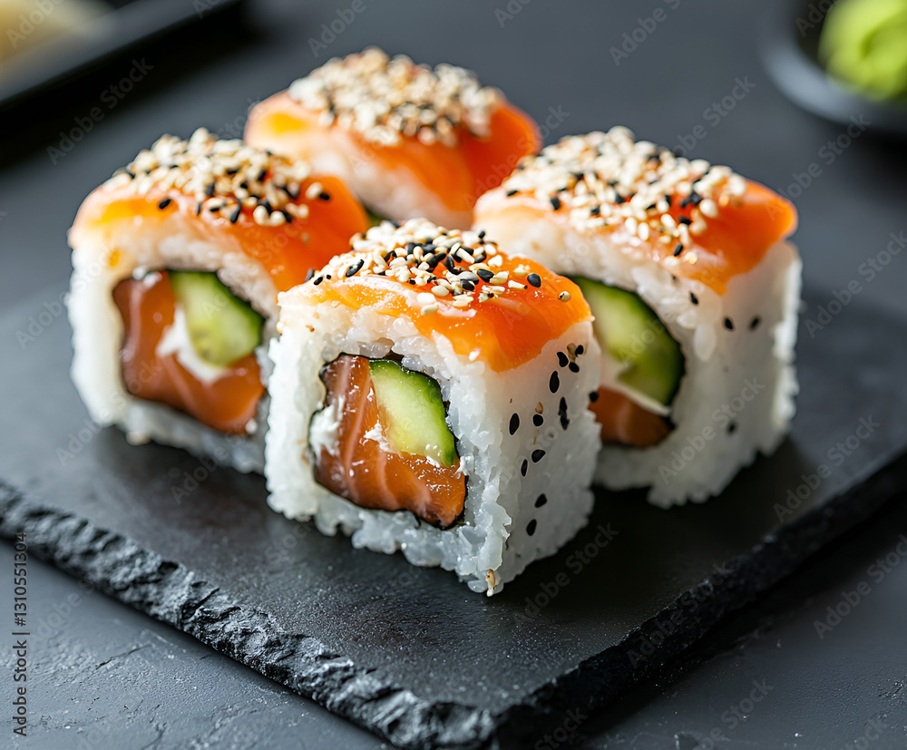 appetizing sushi roll futomaki with cucumber and salmon on a black stone plate appetizing sushi roll futomaki with cucumber and salmon on a black stone plate