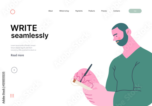 Writing people, modern flat vector concept illustration- standing man thoughtfully writing on notebook. Metaphor for reflection, personal insight, contemplation, creative expression