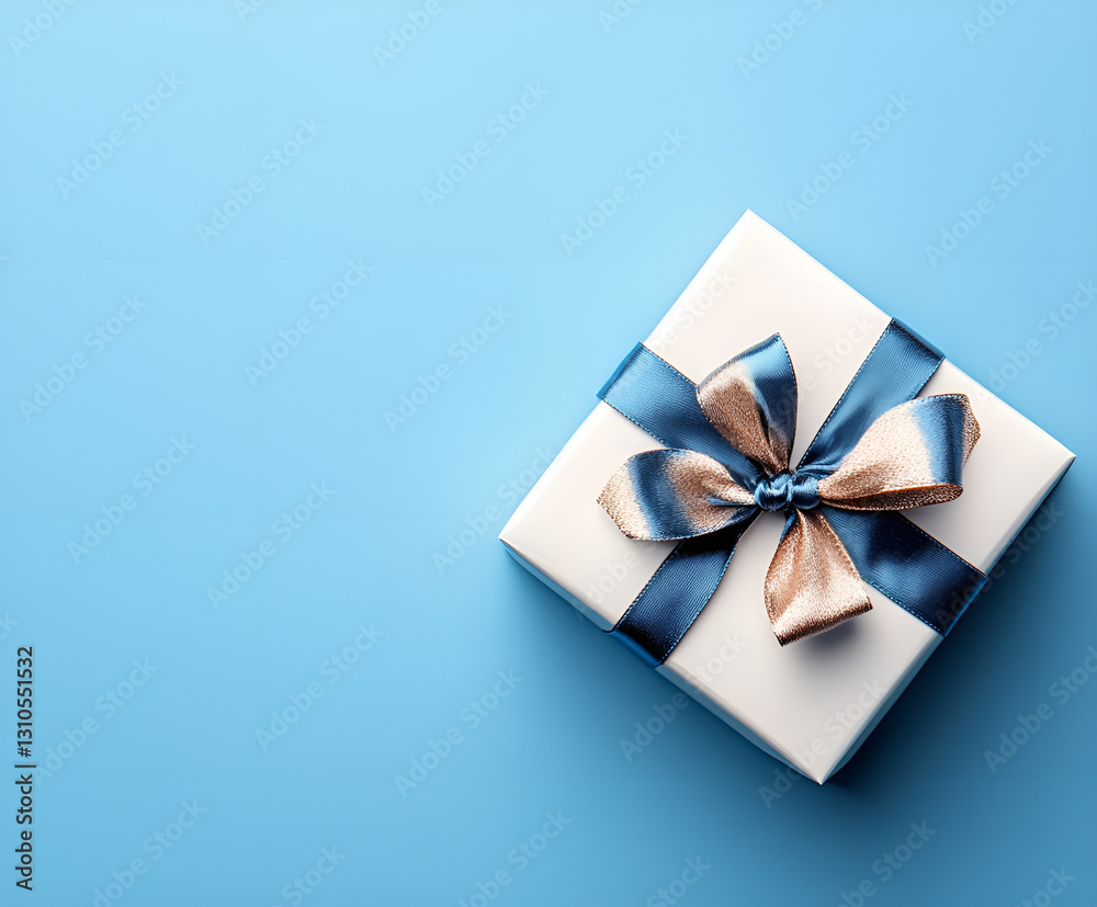 Gift box with ribbon and bow on blue background and space for text. Top view Gift box with ribbon and bow on blue background and space for text. Top view