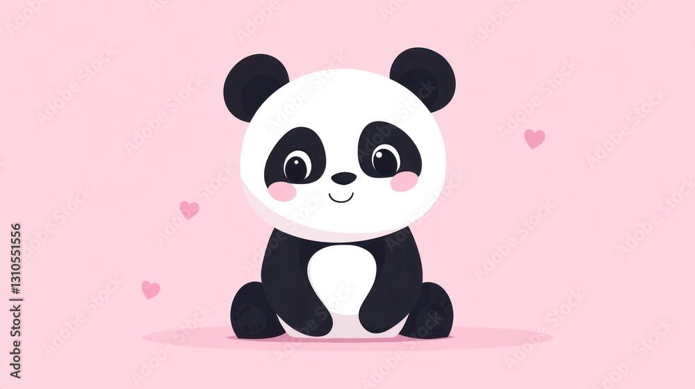 Naklejka premium Adorable illustration shows a smiling panda bear with heart shapes on pink