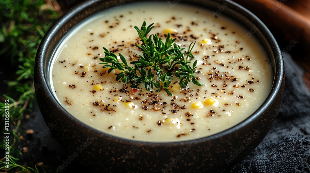 Creamy soup garnished with herbs and spices in a rustic black bowl.