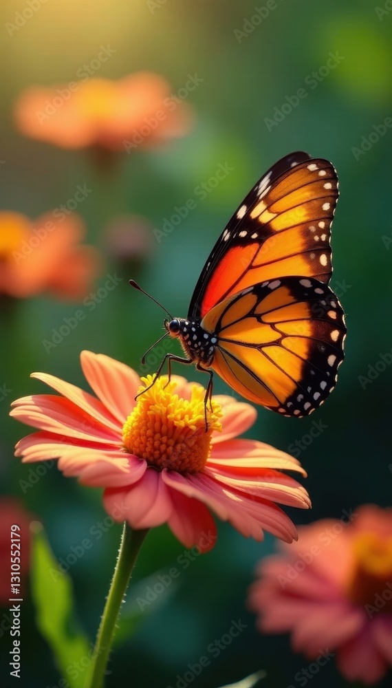 Close-up of butterfly feeding on flower, garden setting, sunlit , colorful, vibrant Close-up of butterfly feeding on flower, garden setting, sunlit , colorful, vibrant