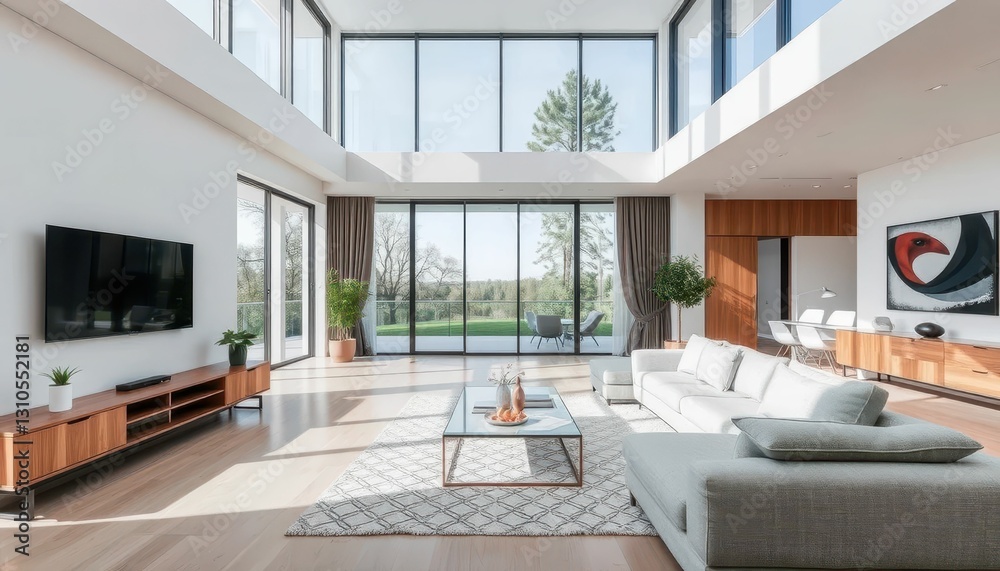 Fototapeta premium Modern Bright Living Room with Large Windows and Stylish Furniture