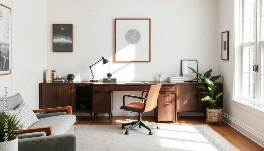 Fototapeta premium Modern Home Office Interior Design with Wooden Furniture and Plants