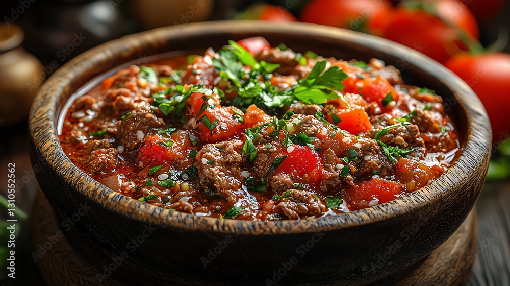 Delicious and hearty meat stew garnished with fresh herbs and tomatoes. Delicious and hearty meat stew garnished with fresh herbs and tomatoes.