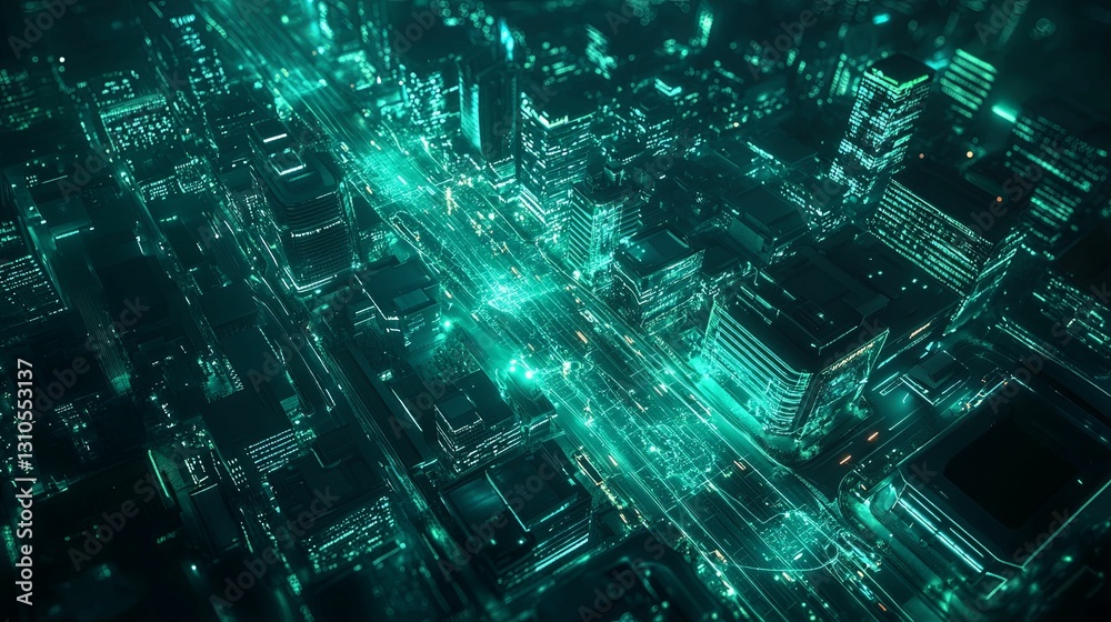 Neon Cityscape Aerial View Showing Illuminated Streets and Buildings Neon Cityscape Aerial View Showing Illuminated Streets and Buildings