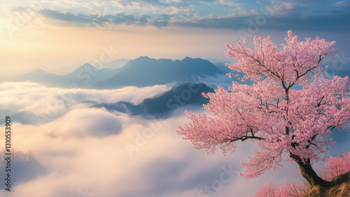 朝霧に浮かぶ山桜、雲海に包まれた幻想的な春景色 photo