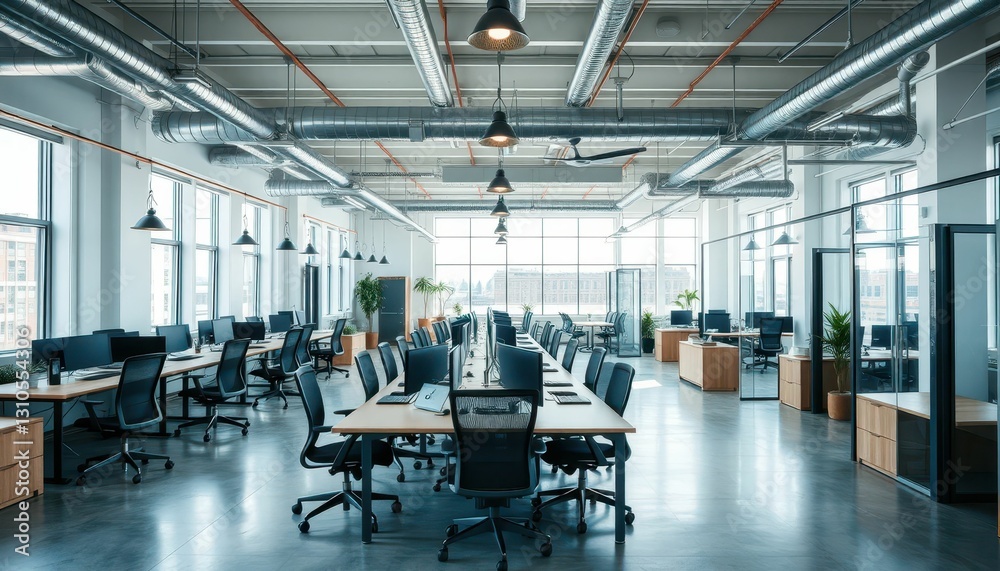 Modern Open Office Space with Large Windows and Minimalist Design Modern Open Office Space with Large Windows and Minimalist Design