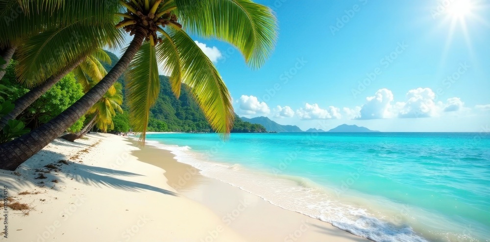 Obraz premium Sun-drenched beach, turquoise water, lush palms, green, vegetation