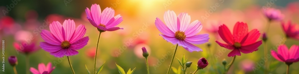 Cosmos flowers in full bloom, sunlight on petals , red, cosmos Cosmos flowers in full bloom, sunlight on petals , red, cosmos