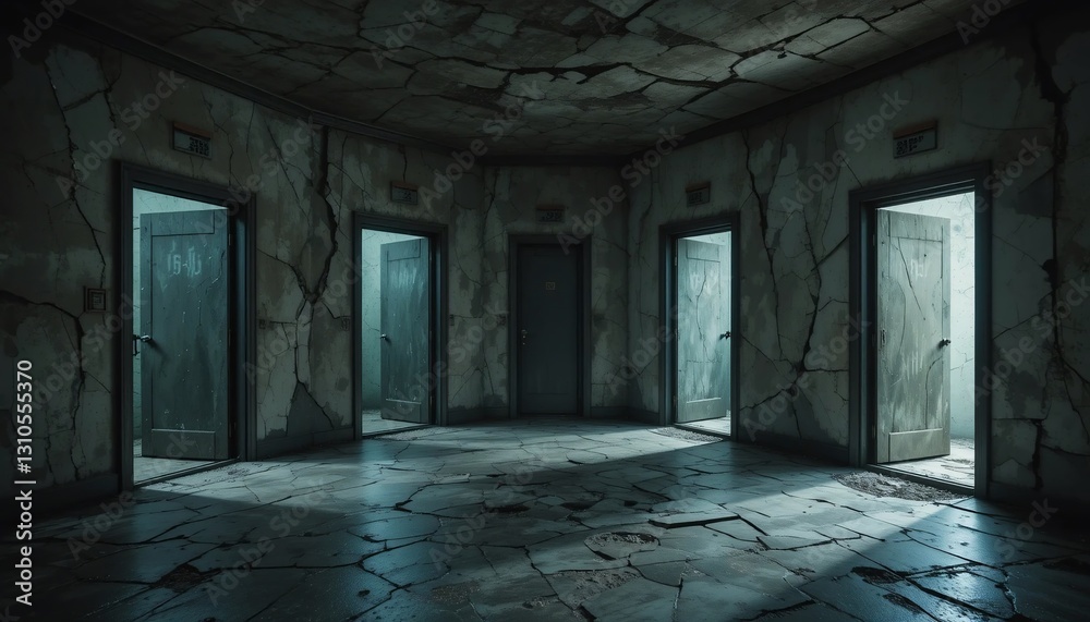 Obraz premium Eerie Abandoned Corridor with Cracked Walls Open Doors and Dark Atmosphere
