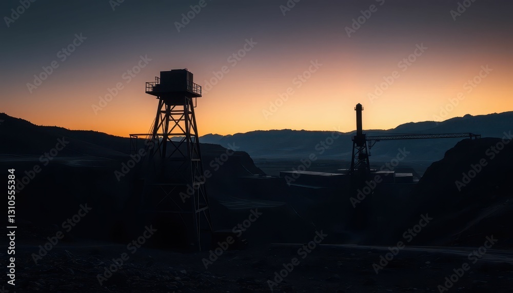 Naklejka premium Industrial Landscape at Dusk with Silhouette of Mining Equipment