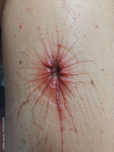 Well healed old scar on the skin after a deep laceration with muscle injury.